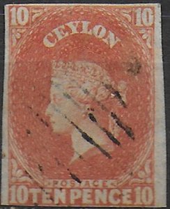 1857 Ceylon Vittoria 10d. dull vermilion cancelled SG. n. 9