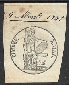 FRANCE 1841 1fr25c Cut Square Revenue Used