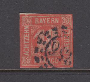 Bavaria Sc 14 used 1862 18kr vermillion red Numeral, tiny thin speck, o/w F-VF