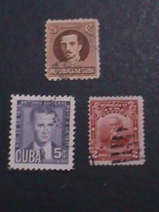 ​CUBA   THREE ALOMOST 80 YEARS VERY OLD USED FAMOUS PERSONS-STAMP-VERY FINE