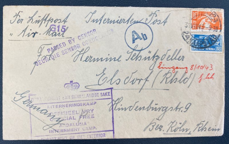 1943 Captetown South Africa POW Interment Andalusia Camp Cover To Germany