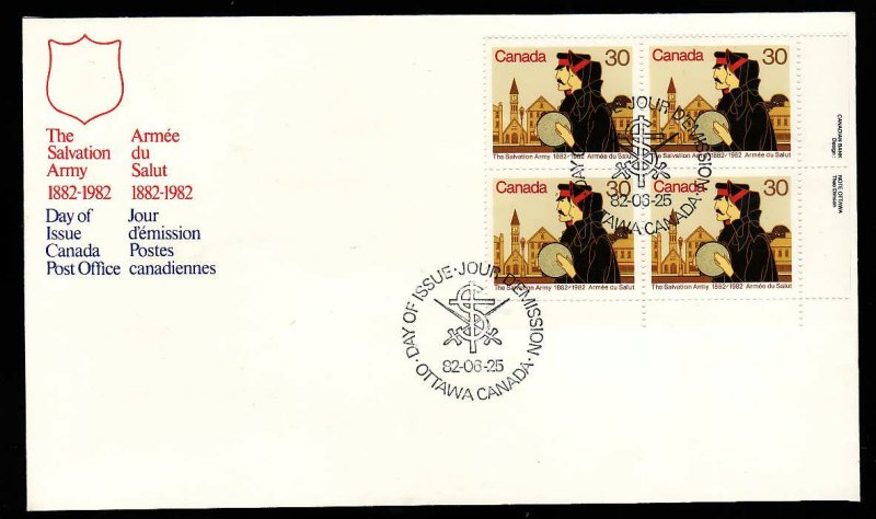 Canada-Sc#954-stamp on FDC-LR plate block-Salvation Army-1982-