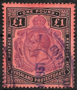 NYASALAND SG98i 1913 £1 PURPLE & BLACK ON RED SERIF ON G VAR FISCALLY USED