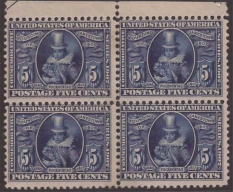US Stamp 1907 5c Jamestown Expo Block of 4 Stamps 2LH 2NH Scott #330