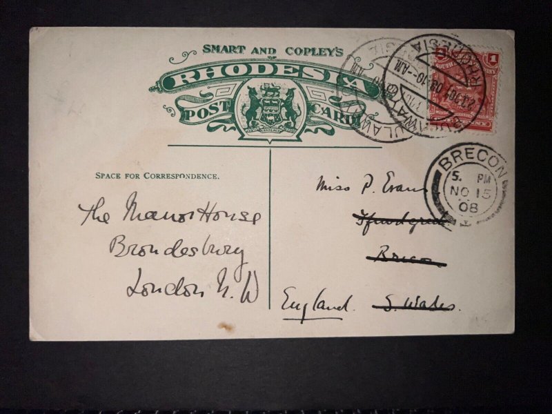 1908 Rhodesia Postcard Cover Bulawayo to London England Victoria Falls Gorge