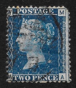 GB QV, 1869 SG46, 2d BLUE, Thin Lines,  PLATE 15 (MA)    Good Used,
