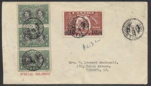 1939 Special Delivery Cover Tilsonburg ONT to Toronto #E9 +#246 Strip