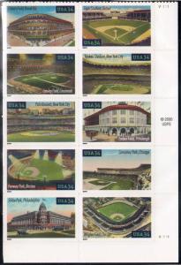 Baseball's Legendary Playing Fields 2001  34¢ PLATE BLOCK Of 10 MNH  (pb1l)