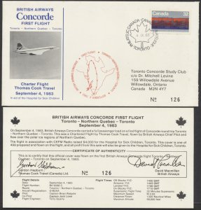 1983 Concorde First Flight Cover Toronto to Northern Quebec With Insert #8309