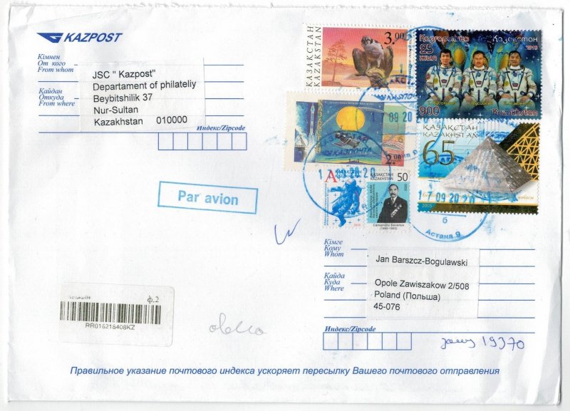 Kazakhstan 2020 Registered Cover to Poland Stamps Space Astronauts Birds