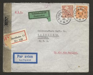 SWEDEN SC# 285, 302A  REGISTERED AIRMAIL STOCKHOLM-ENGLAND-CHICAGO W/CENSOR 1945