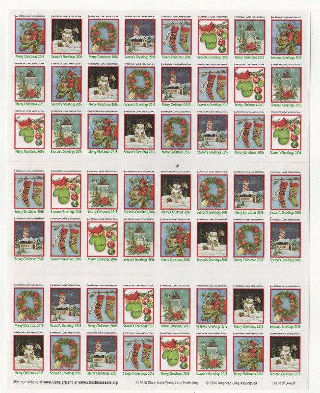 USA - American Lung Association 2016 Christmas Stamps, Sheet of 56 unused