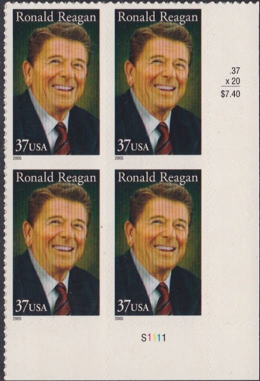 3897 Ronald Reagan Plate Block MNH