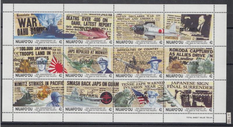 XG-AK474 NIUAFO'OU - Aviation, 1992 Pacific War Anniversary, Specimen MNH Sheet