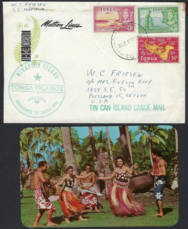 TONGA 1960 CANOE MAIL MAILED AT SEA ON SS MARIPOSA POST CARD ENCLOSED