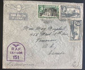 1942 Gibraltar Censored Airmail Cover To Vancouver Canada