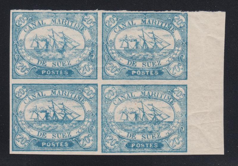 Egypt, Suez Canal Co. SG 3 MNH.1868 20c blue Steamship, sheet mgn block, Cert.