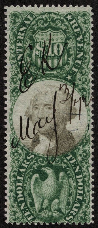 rs0021 U.S. Revenue Scott R149 $10 green and black, manuscript cancel,SCV = $400