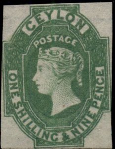 CEYLON #12, 1sh9p green, unused no gum, VF+, R.P.S. certificate, Scott $950.00