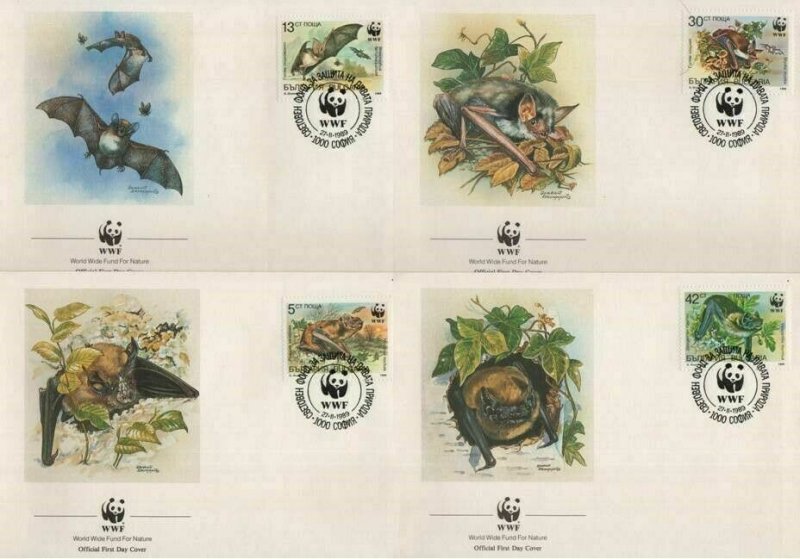 1989 BULGARIA -  WORLD WILDLIFE FUND - BATS - 4 X FIRST DAY COVERS