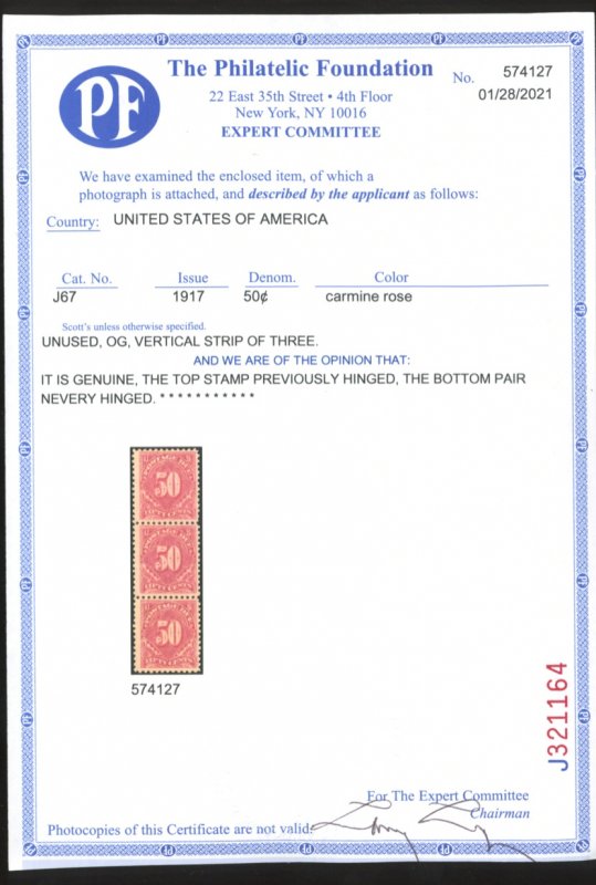 U.S. #J67 MINT SINGLE WITH PF CERT OG HINGED