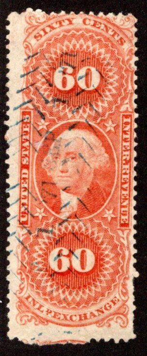 R64d, USA Revenue Stamp, 60c, SILK, Inland Exchange, Cut Cancel