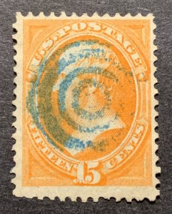 #152 – 1870-71 15c Webster, bright orange. Used blue cancel.