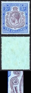 Bermuda SG51be KGV 2/- wmk Mult Crown CA VAREITY BREAK in LINES below Scroll U/M