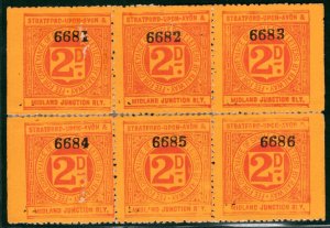 GB S&MJR RAILWAY Letter Stamp 2d Red STRATFORD & MIDLAND JCT Mint BLOCK{6} ZR111
