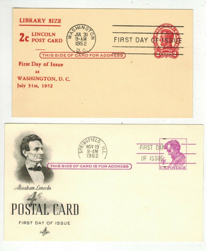 PRESIDENT ABE LINCOLN SET OF 8 FDCs Postal Cards Embossed Envelopes Paid Reply 