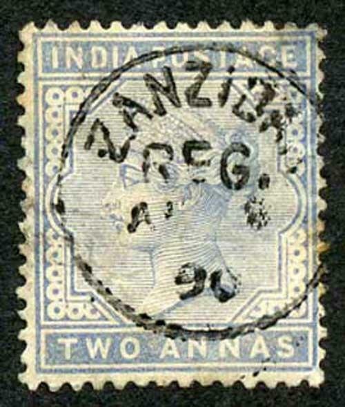 Zanzibar SGZ85 1882-90 India 2a Blue 90 with CDS (type Z6) Used