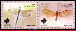 3349 BRAZIL 2016 ARARIPE GEOPARK, INSECTS FOSSILS, DRAGONFLY & BUTTERFLY, MNH