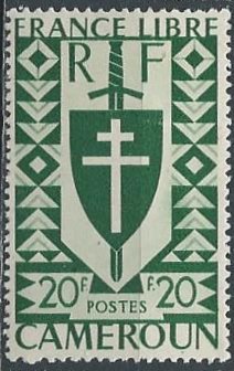 Cameroun 295 (mh) 20fr cross of Lorraine, dp green (1941)