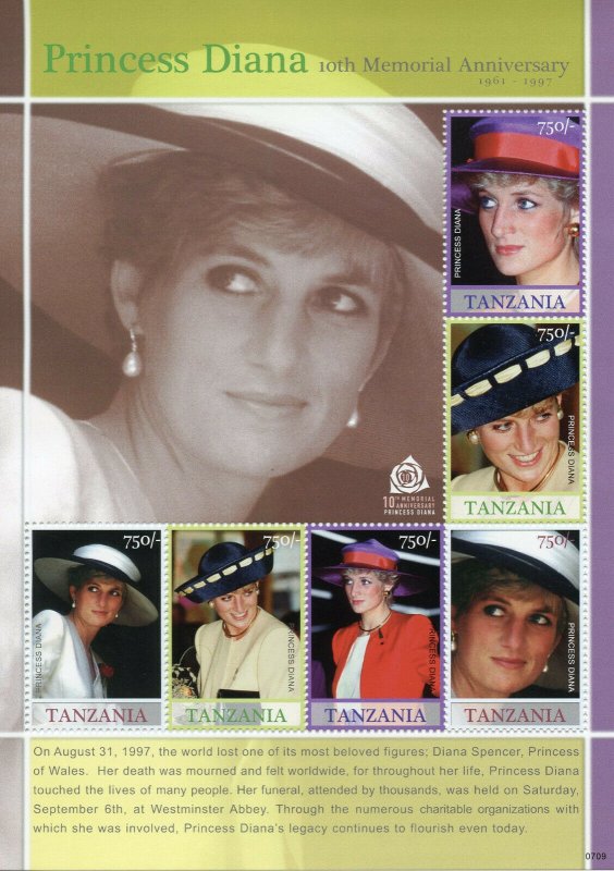 Tanzania Royalty Stamps 2007 MNH Princess Diana 10th Memorial 6v M/S