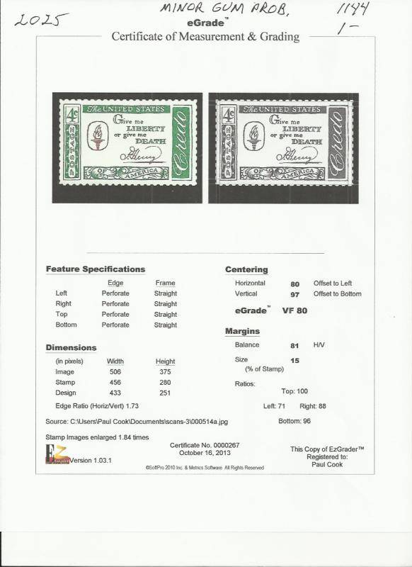 # 1144 MINT NEVER HINGED VERY MINOR GUM PROBLEM PATRICK H...