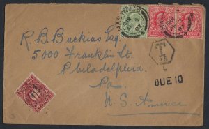 UK To US 1897 HASTINGS TYING K EDWARD STAMPS POSTAGE DUE 10 & T MARKING