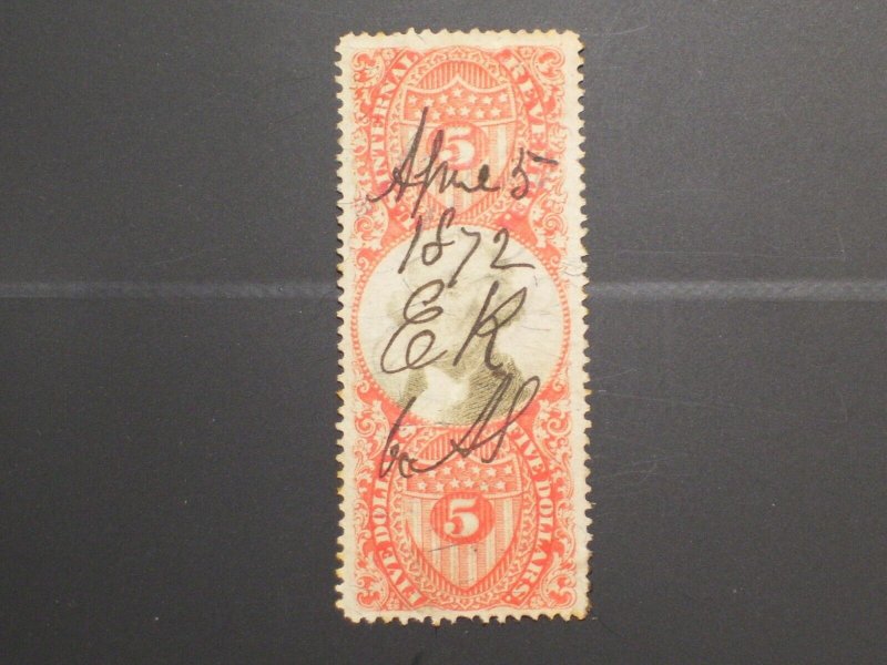 US Revenue Stamp Cat# R148   $5 Vermillion & Black