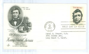 US 1327 1967 Henry David Thoreau, typed address, corner crease. FDC