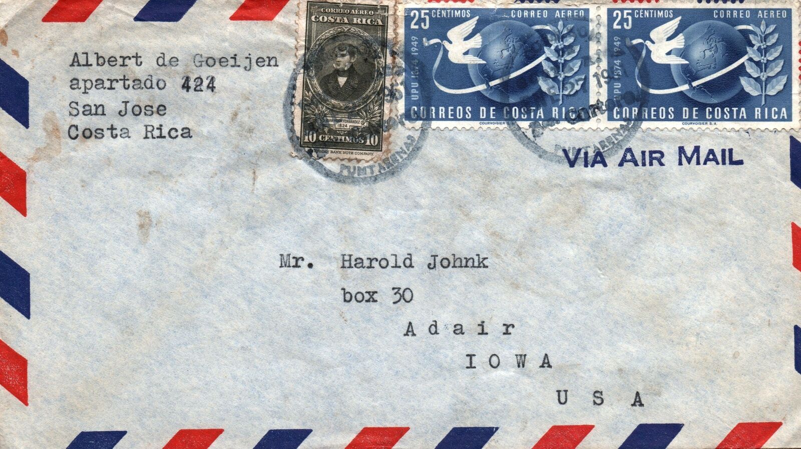 1949 Costa Rica Triple Franking Airmail Rate to U.S.a. 40 Centimos