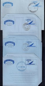 LIBERIA 1960 69 FOUR AIR LETTER EACH W/FDC CANCEL IN MONROVIA DIFFERENT CANCELLO