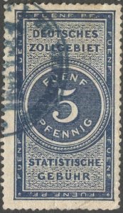 GERMANY 5 pf Used Zollgebiet statistische gebuhr Customs Statistical Fee Revenue