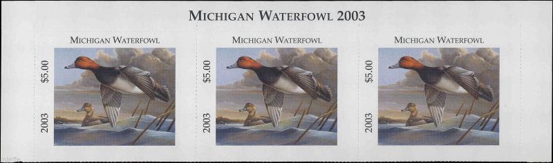 MICHIGAN #28T 2003 STATE DUCK STAMP TOP STRIP OF 3 REDHEAD  by Dietmar Krumrey