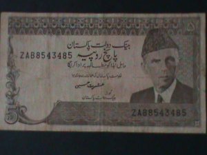 ​PAKISTAN-1975-STATE BANK-$5-RUPEES- CIRCULATED-VF-49 YEARS OLD