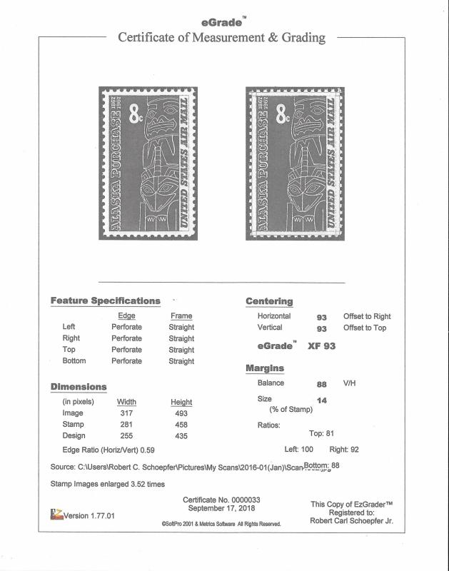 C70 8 cents Alaska Purchase Stamp mint OG NH EGRADED XF 93 XXF