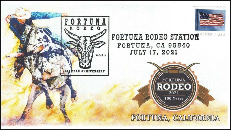 21-329, 2021, Fortuna Rodeo, Event Cover, Pictorial Postmark, 100 years, bull