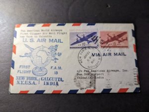 1947 USA Airmail FAM 18 First Flight Cover FFC New York NY to Calcutta India