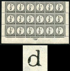 Gold Coast SGD1 1/2d Postage due VARIETY FAT D in U/M Block of 18