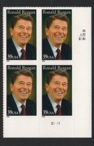 ALLYS STAMPS US Plate Block Scott #4078 39c Ronald Reagan [4] MNH F/VF [STK]