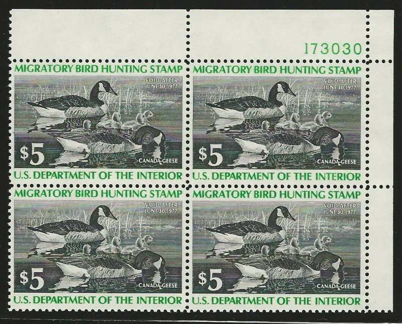 U.S., 1976, Scott #RW43, Plate Block of 4, Mint, Never Hinged, V.F. - X.F.