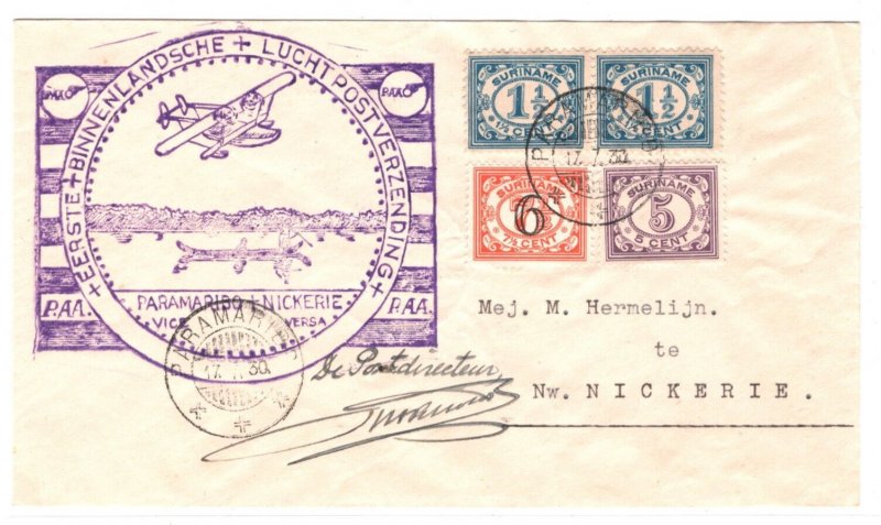 SURINAME Air Mail Cover 1930 FIRST FLIGHT Paramaribo-Nickerie SUPER Cachet MA237